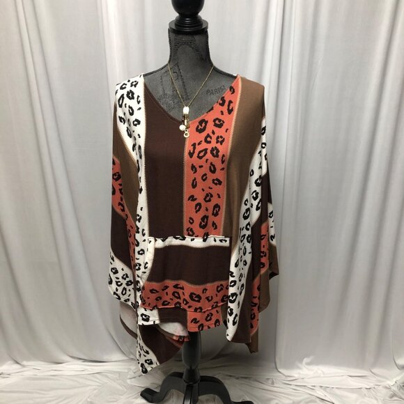 Oddy Leopard Block Brown Salmon Poncho One Size Animal Print Pullover Sweater - Picture 1 of 10